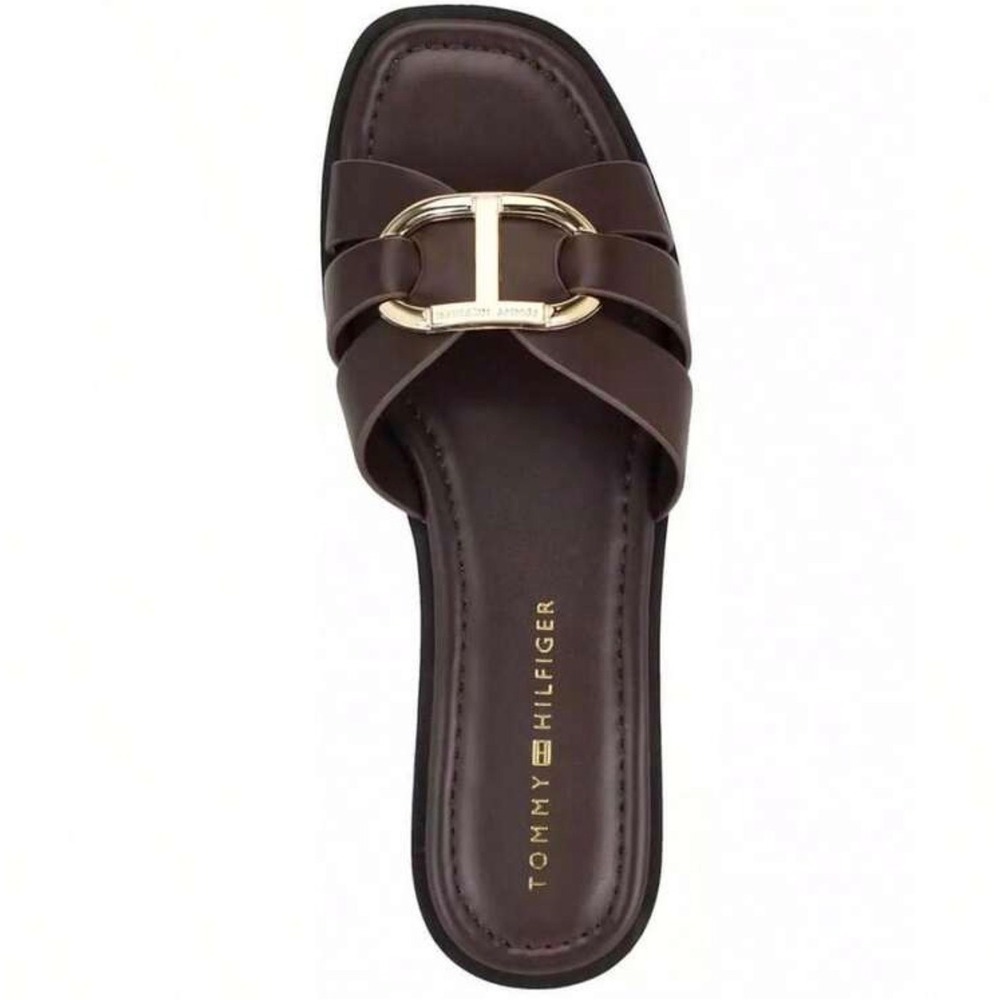 Tommy Hilfiger Terrai Dark Brown Gold Buckle Slide Sandals Womens 6.5 M